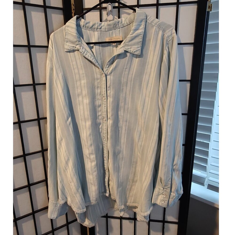 Side Stitch Natural Fiber Frayed Hem Button Down Shirt Blue Striped XL Festival